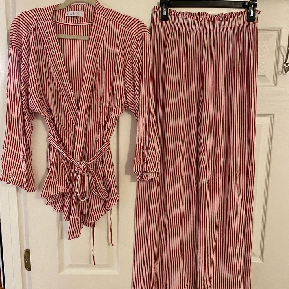 LAKE Modal Kimono PJ Red & White Striped Women's Sleepwear Set!